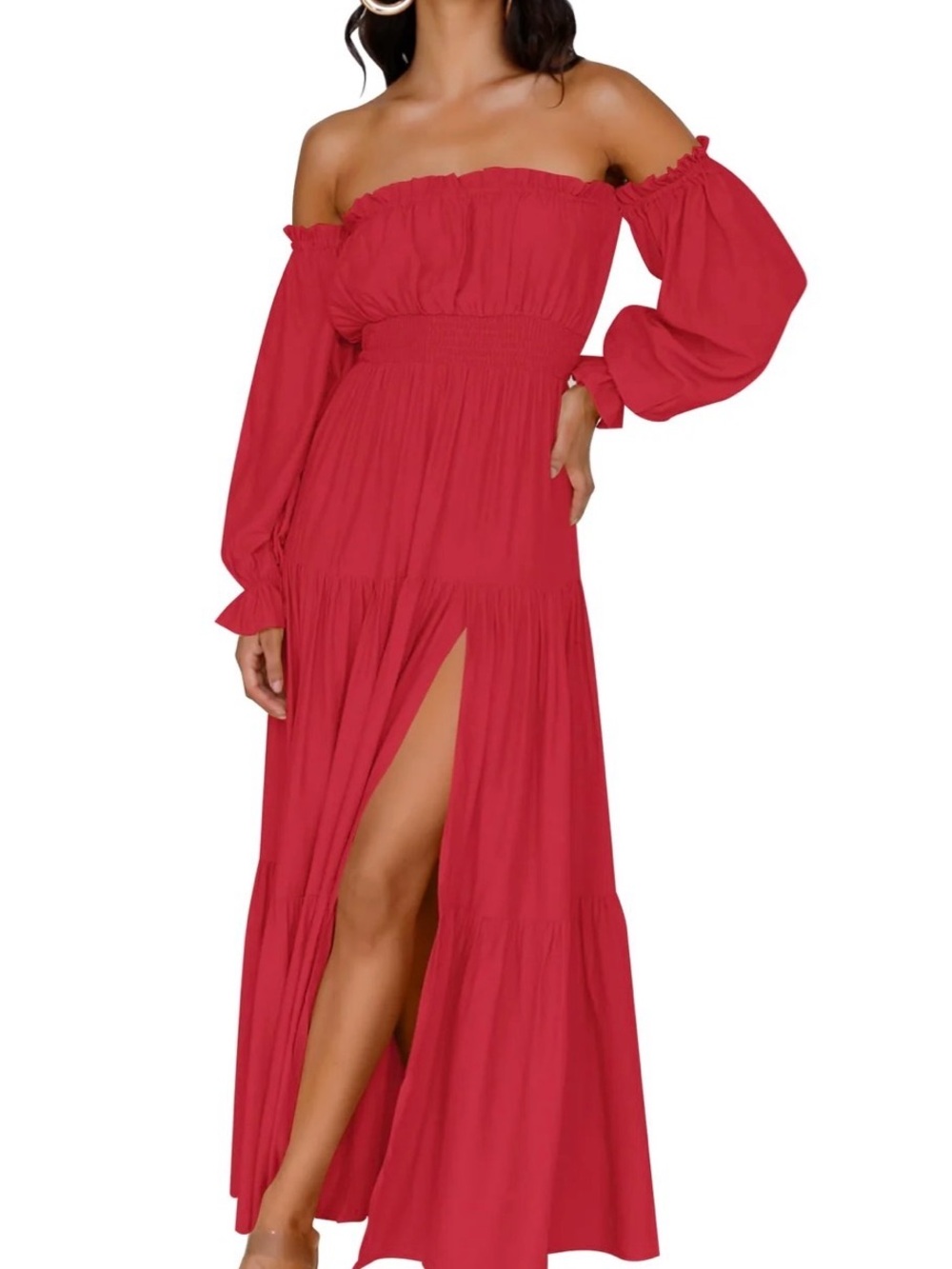 Off-Shoulder Fuchsia Maxi Dress with Long Bishop Sleeves and High Slit
